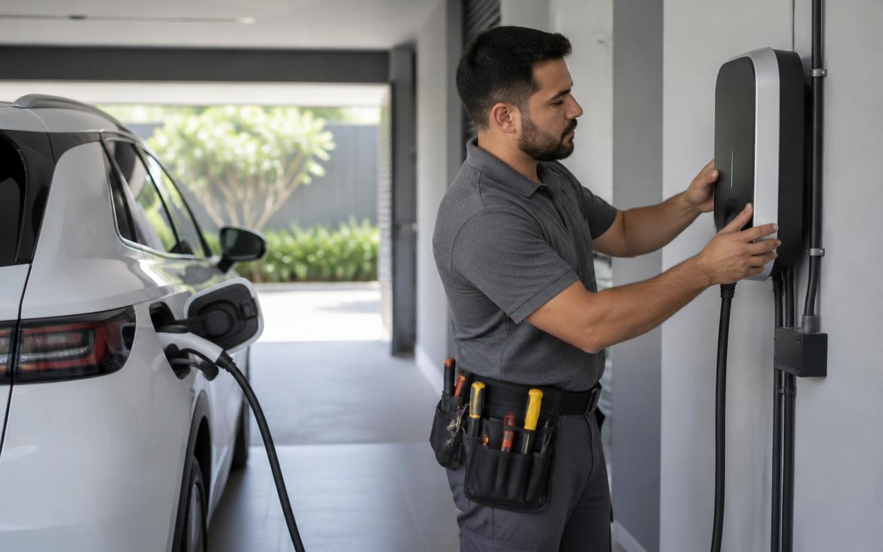 Eletricista instalando carregador de carro elétrico em garagem